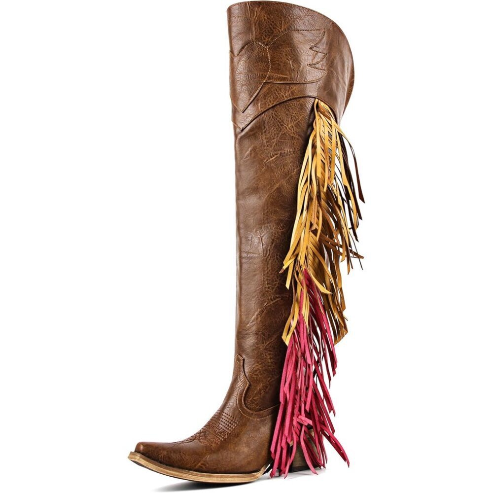 Women Brown Polyurethane Pointed Toe Fringe Adjustable Thigh High Cowgirl Boot